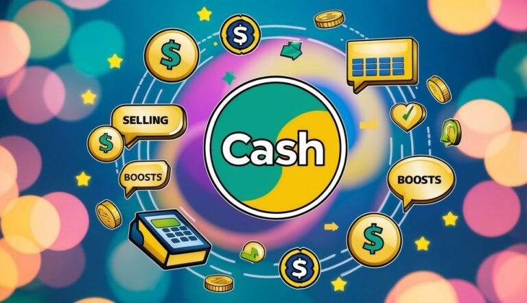 Cash logo surrounded by money icons, speech bubbles, and calculator on blue background
