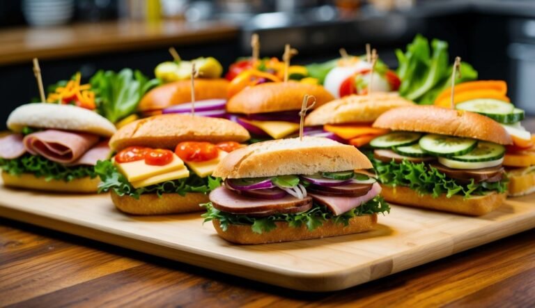 Assortment of sandwiches with various fillings, on a wooden cutting board