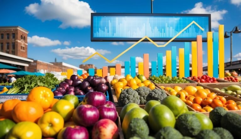 Fresh produce market with financial graphs, representing economic growth