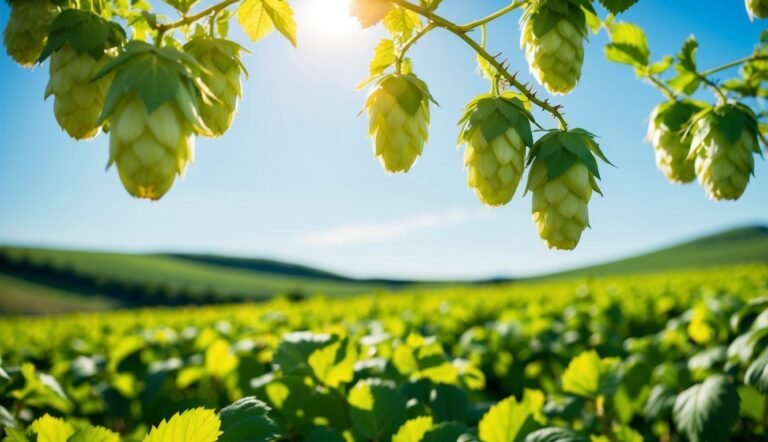 Hops growing in a field with a bright blue sky and sunlight