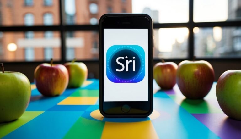 IPhone with Siri logo on screen, surrounded by apples on a colorful table