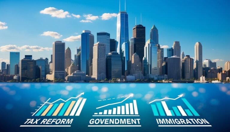 City skyline with graphs representing tax reform, government, and immigration