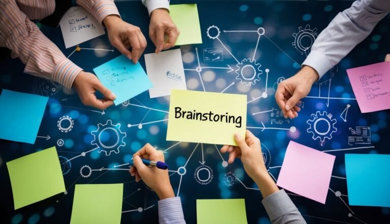 Brainstorming session with sticky notes and hands on a blue background