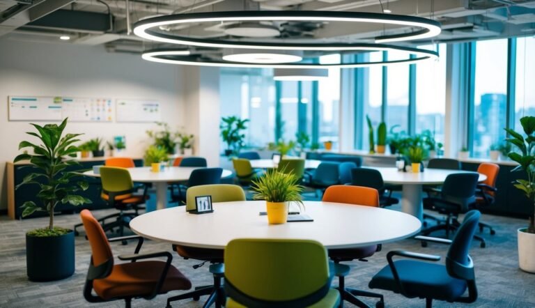 Modern office space with round tables, colorful chairs, and plants