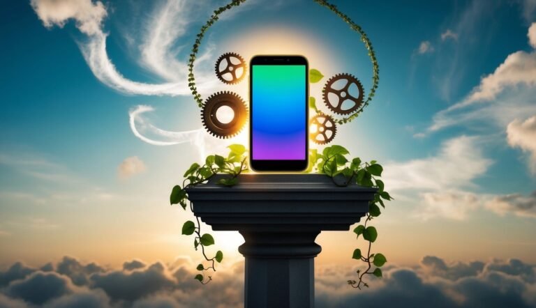 Smartphone on a pedestal with gears, vines, and a sky background