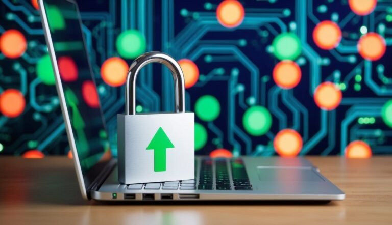 Laptop with padlock and green arrow, circuit board background