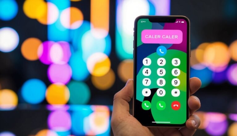 Hand holding a smartphone with a dial pad and a "Caller" screen
