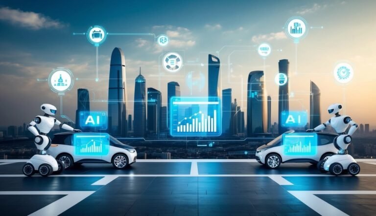 Robots with AI cars in a futuristic city with data displays