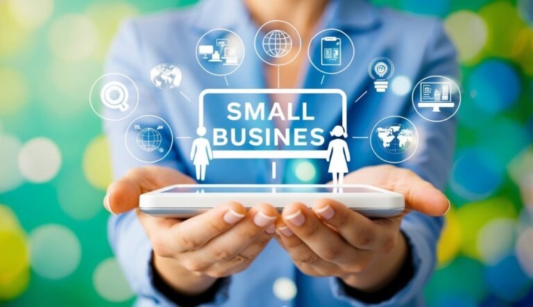 Person holding phone with "Small Business" text and related icons
