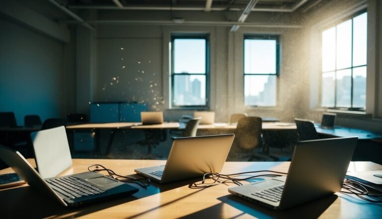 Laptops on a desk in a bright office with city view windows