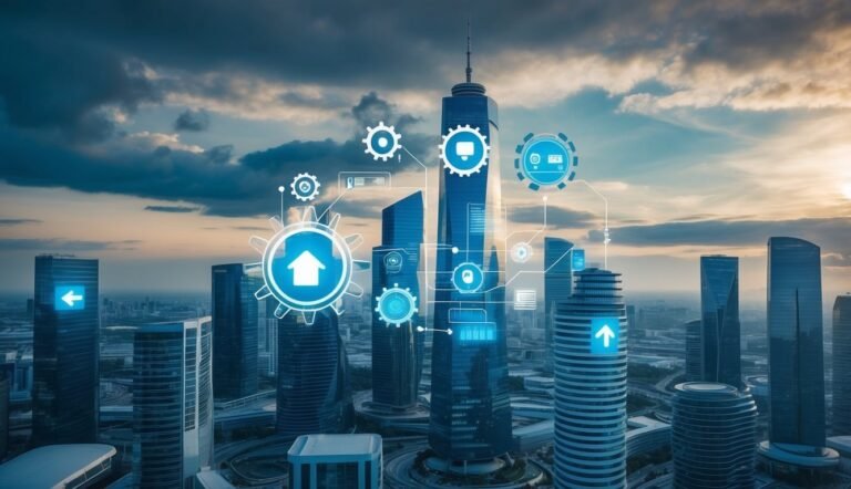 Cityscape with skyscrapers and digital icons representing technology and data