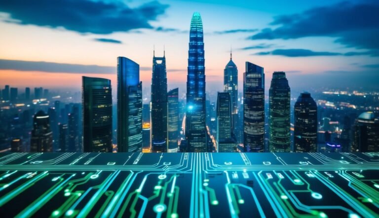 City skyline with circuit board foreground, representing technology