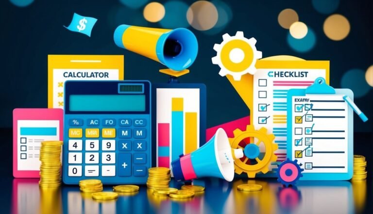 Calculator, checklist, coins, and megaphone represent financial planning and business