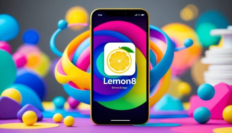 Smartphone with Lemon8 app icon, surrounded by colorful abstract shapes