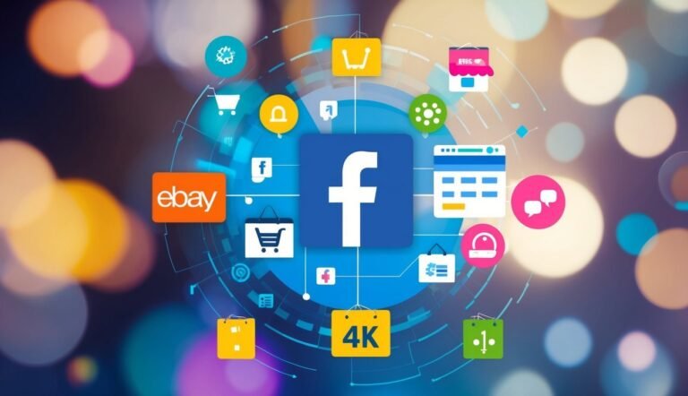 Facebook logo surrounded by shopping icons and social media symbols