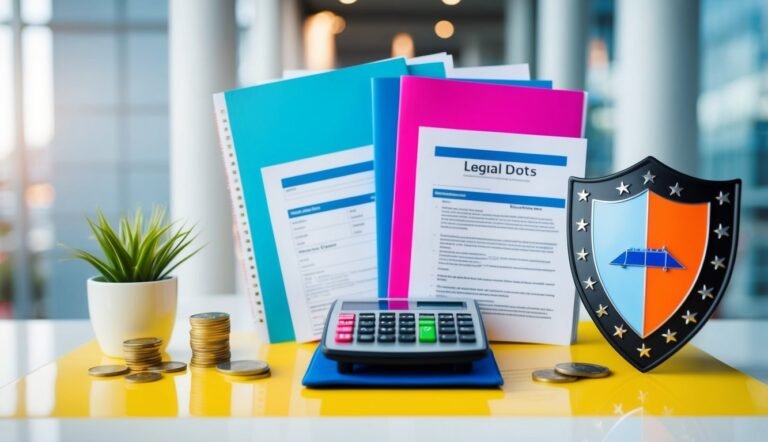 Documents, calculator, coins, and a shield on a yellow table