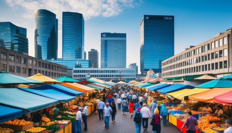 Outdoor market with colorful awnings, people, and skyscrapers in the background
