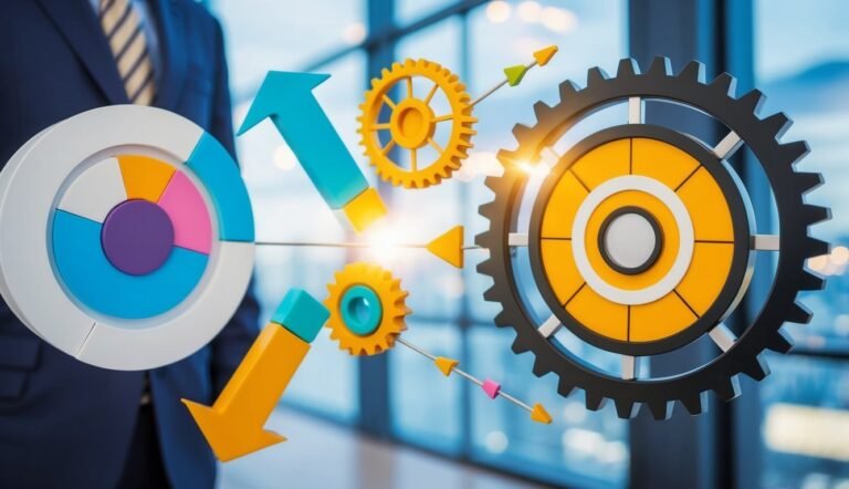 Businessman with pie chart, gears, and arrows representing business process