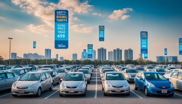 Cars parked in a lot with rising tariff signs, city skyline in the background