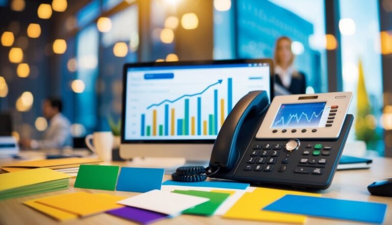 Office desk with phone, computer showing graphs, and colorful papers