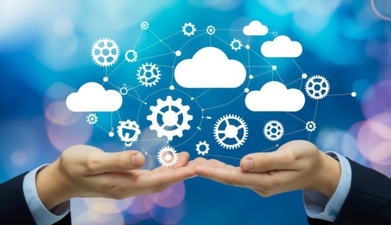 Hands holding a cloud computing network with gears and clouds