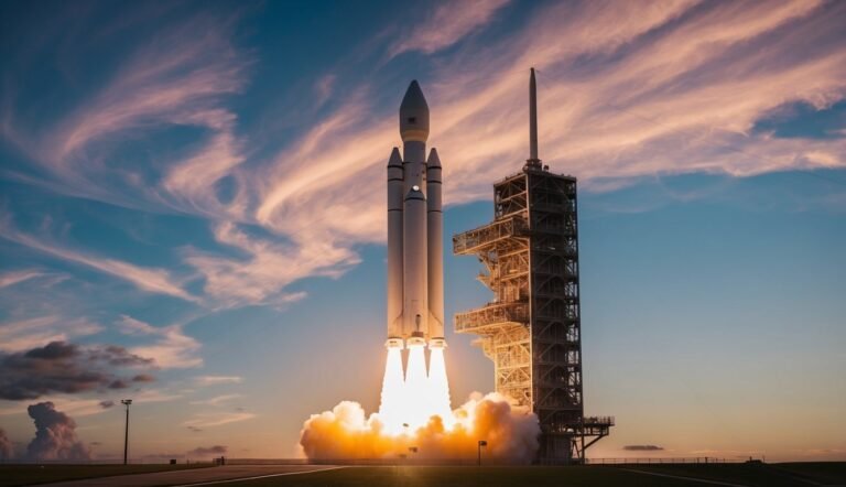 Rocket launching into a colorful sky, with flames and smoke billowing