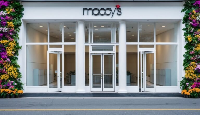 Macy's store front with floral displays and open doors