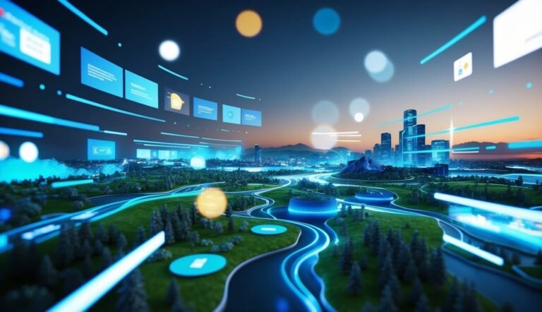 Futuristic city landscape with digital interface elements and glowing lines