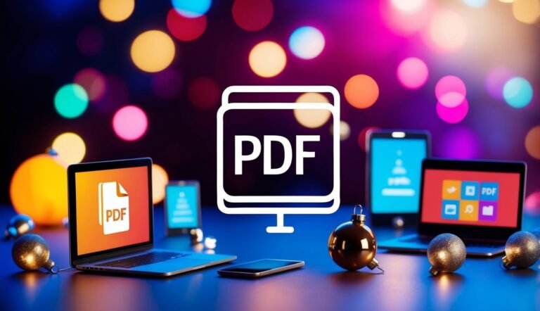 PDF icon surrounded by laptops, tablets, and Christmas ornaments