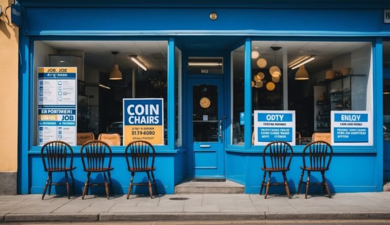 Blue storefront with signs, chairs, and a door. The signs have strange text