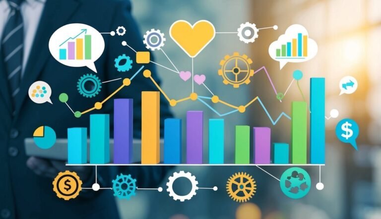 Businessman with data visualization, bar graphs, and financial icons