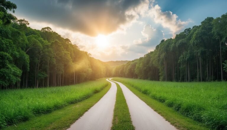 Winding road through a green field and forest, sun shining through clouds