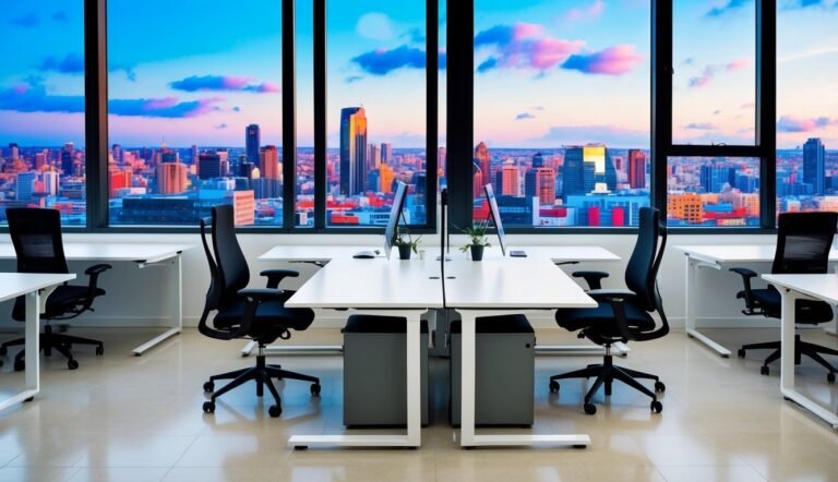 Modern office with desks, chairs, and a cityscape view through large windows