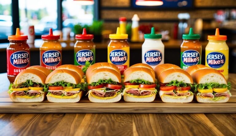 Sub sandwiches with various toppings and Jersey Mike's sauces on a wooden board