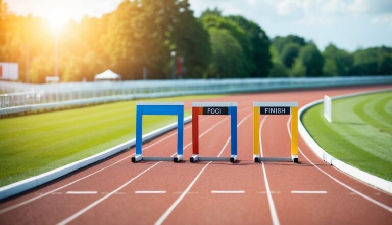 Three hurdles on a track, with "FOCI" and "FINISH" written on them