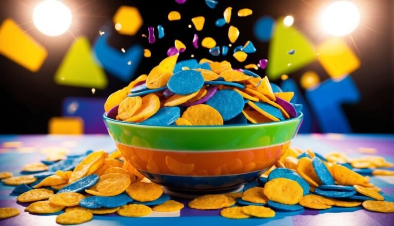 Colorful chips spilling from a bowl, with geometric shapes in the background