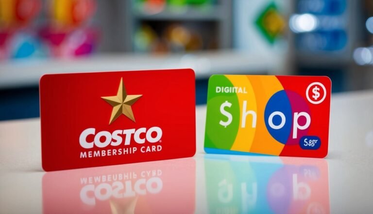 Costco membership card and digital shop card on a reflective surface