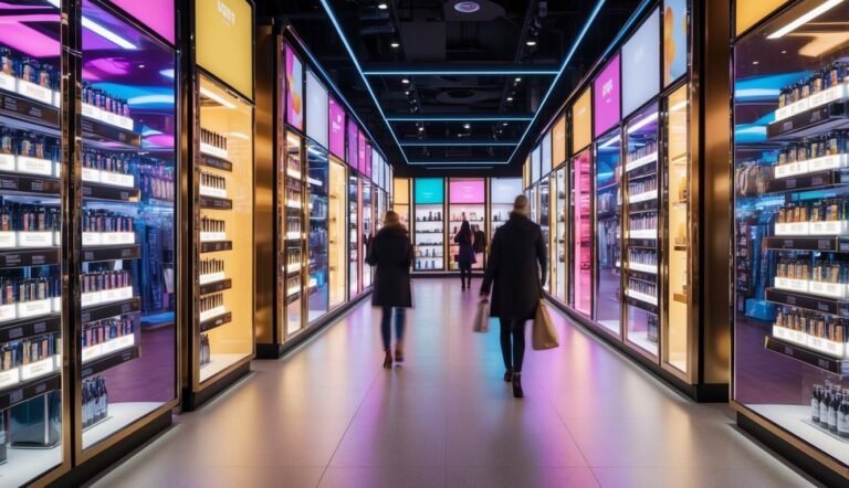 People walking in a brightly lit cosmetics store with colorful displays