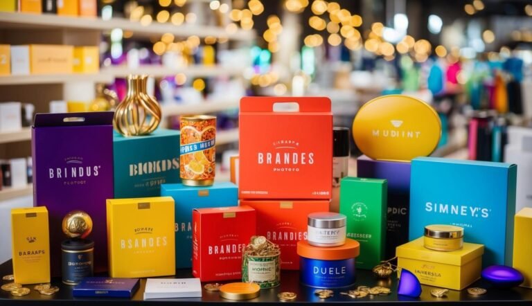 Colorful product boxes and containers on display in a store setting