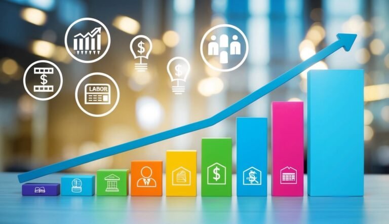 Colorful bar graph with an upward arrow, business and financial icons