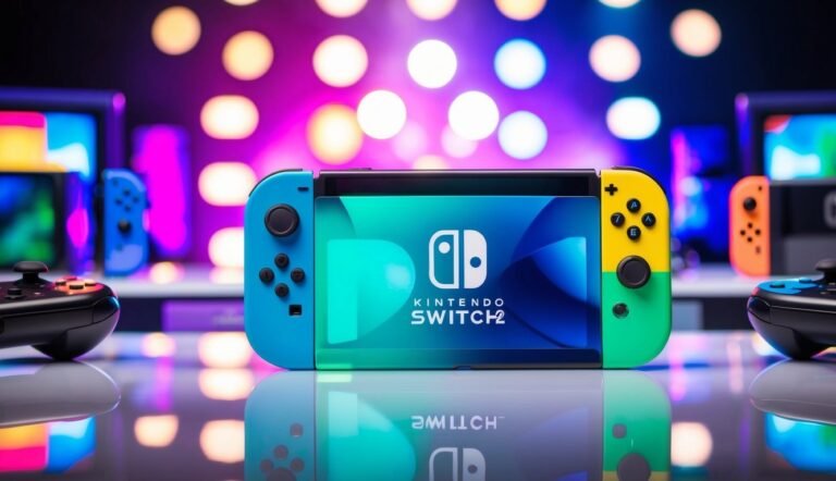 Nintendo Switch 2 console with colorful controllers and background lights