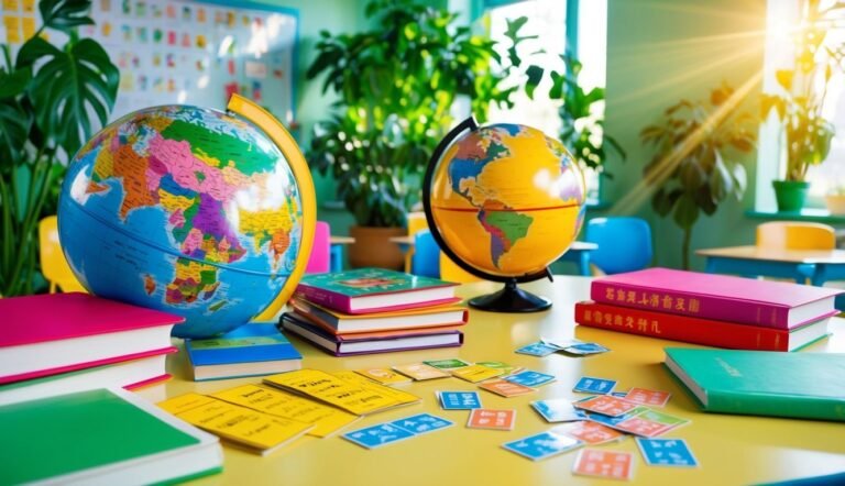 Two globes, books, and flashcards on a yellow desk in a classroom