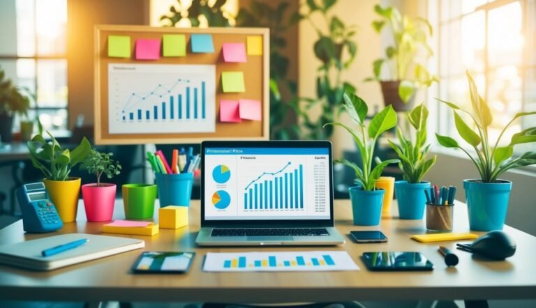 Laptop with charts, plants, and office supplies on a desk
