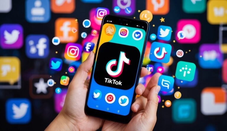 Hand holding phone with TikTok app, surrounded by social media icons