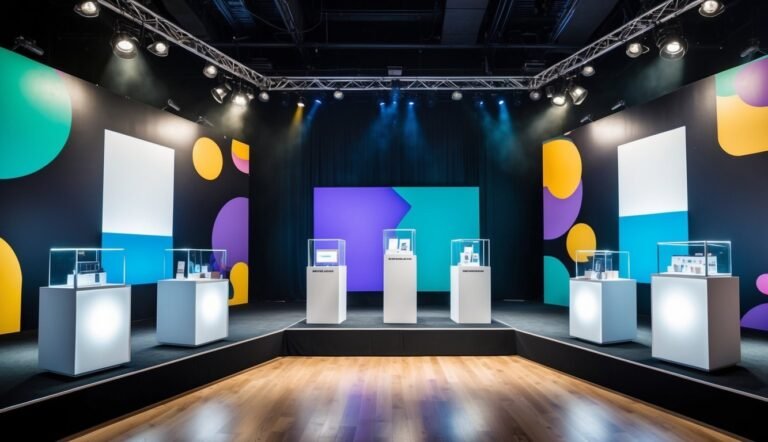 Product display stage with pedestals, lights, and colorful geometric background