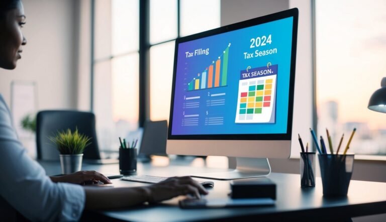 Woman working on computer with tax filing data and 2024 tax season calendar