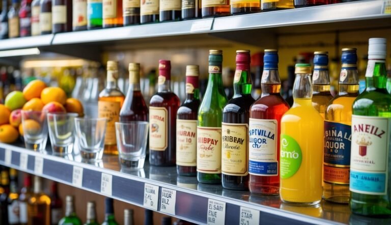 Liquor bottles on a shelf with fruit and empty glasses in a bar