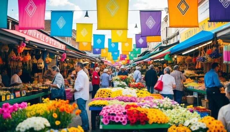 Busy outdoor market with colorful flowers, banners, and people shopping