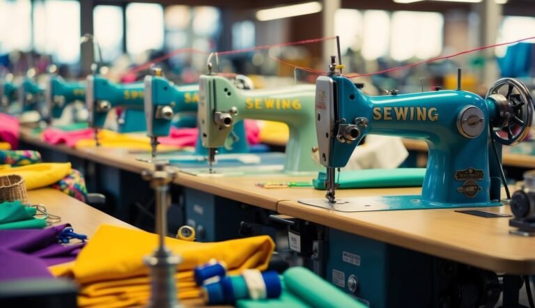 Row of vintage sewing machines with colorful fabric in a workshop