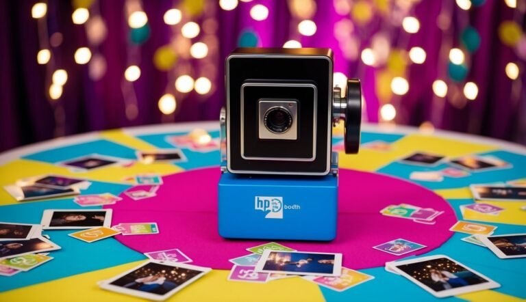 HP photo booth with prints on a colorful table